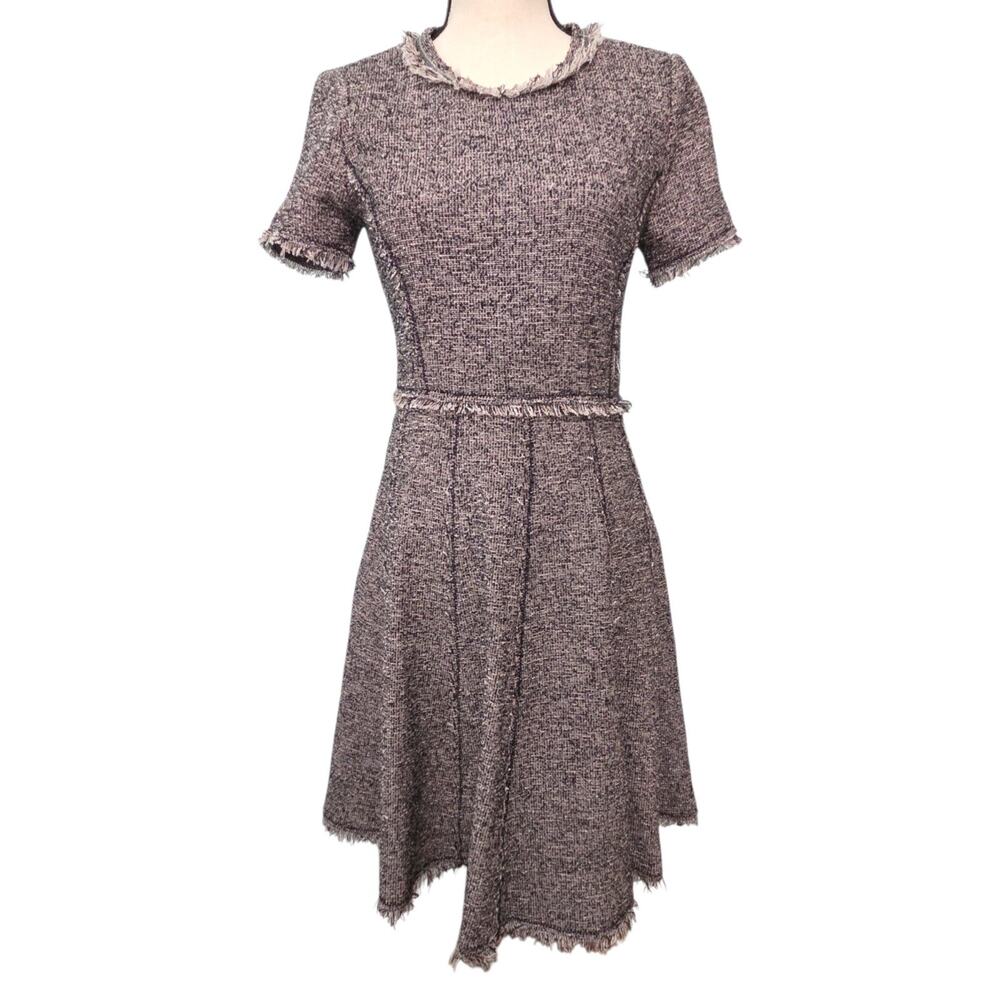 Rebecca Taylor A-Line Tweed Dress Sz 2 Frayed Hem Short Sleeve Multicolor